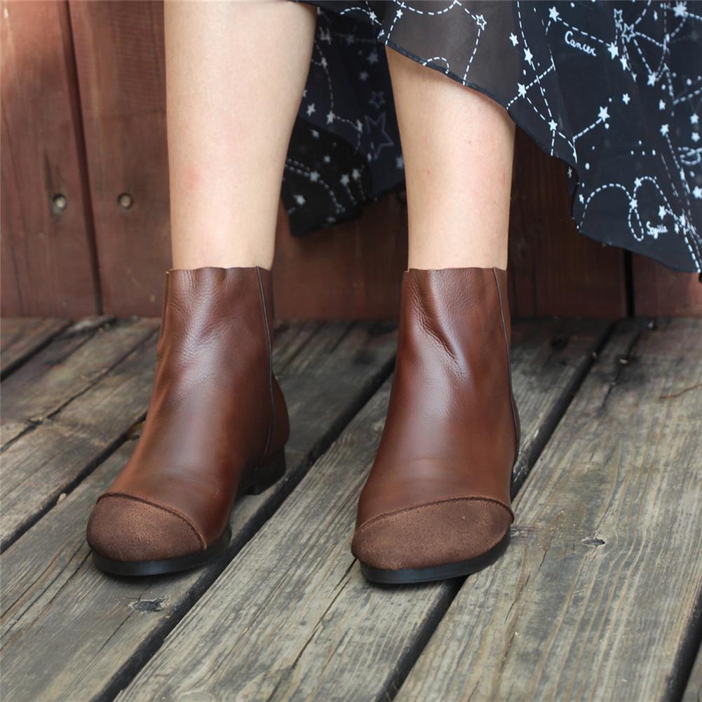 Women Handmade Soft Leather Flats Loafers Boots Color Blocking Ankle Boots Original Design Coffee/Black