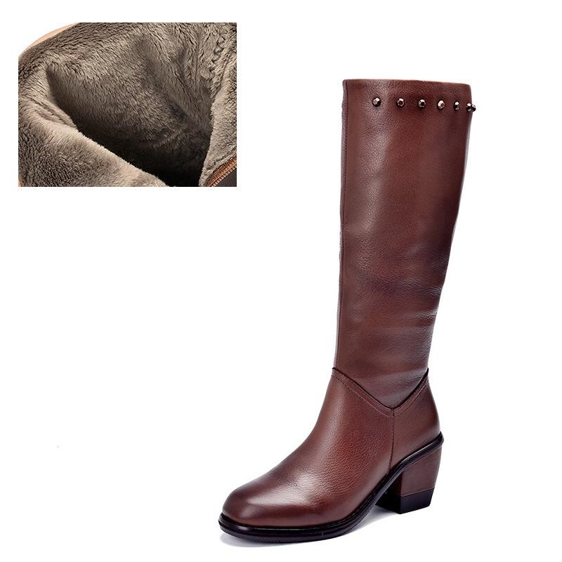 Handmade Leather Knee High Boots Block Heel Biker Boots Retro Rivet