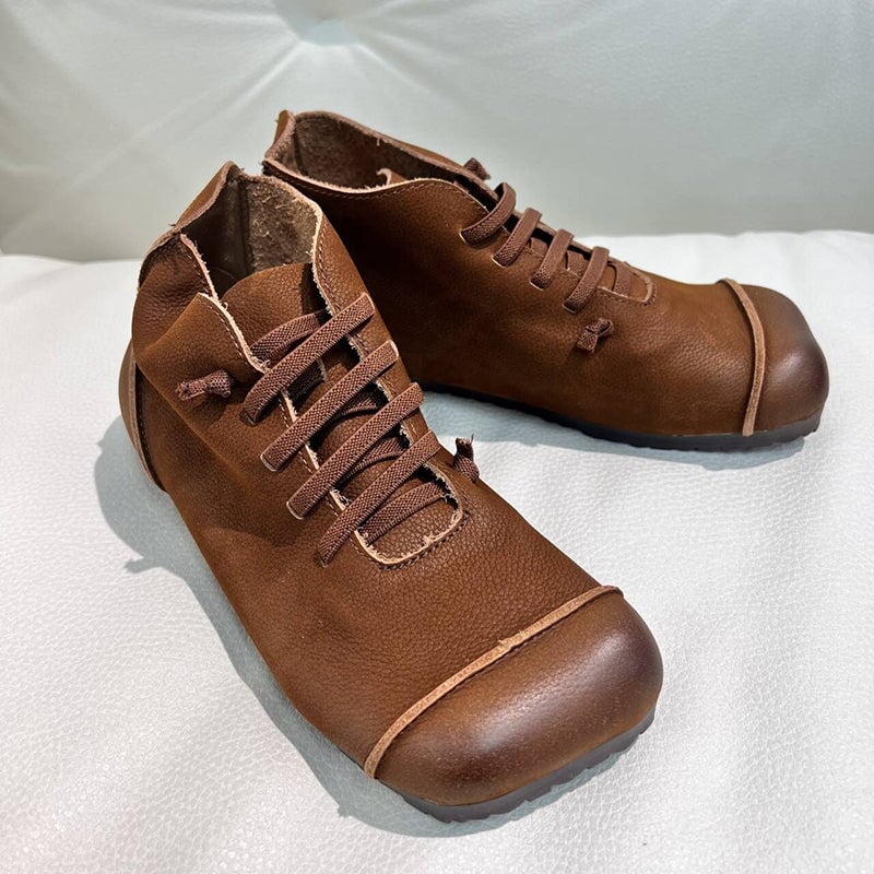 Women Ankle Booties Handmade Leather Low-Heel Square Toe Flat Riding Boots Brown/Black