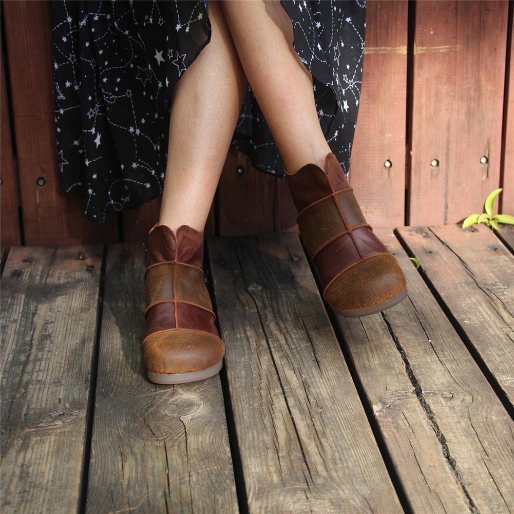 Women Handmade Leather Flats Loafers Boots Color Blocking Ankle Boots Original Design Coffee/Black