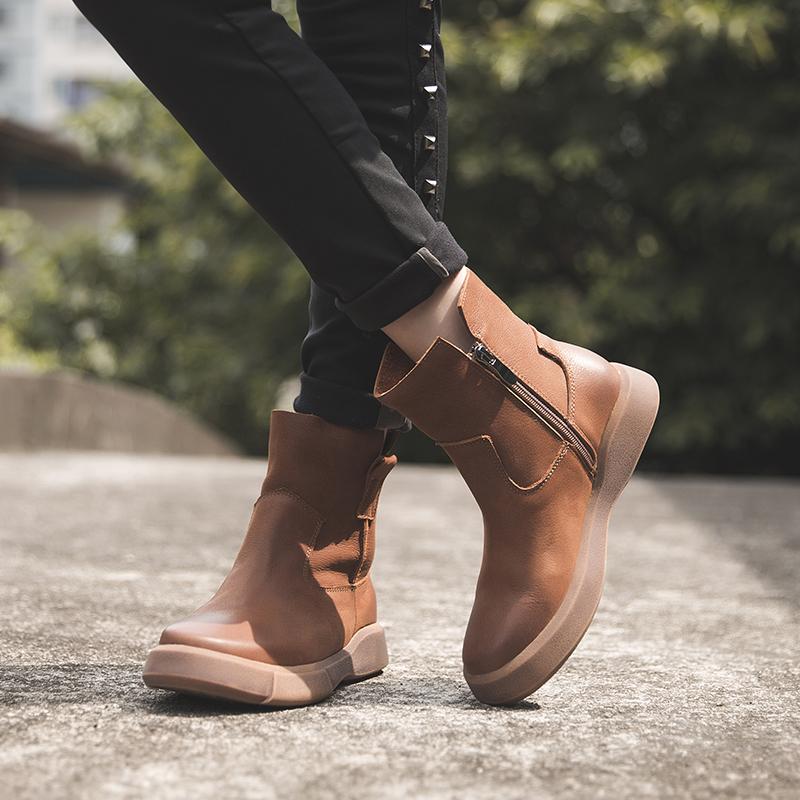 Waxing Leather Short Boots for Winter Side Zipper Chelsea Boots Black/Coffee