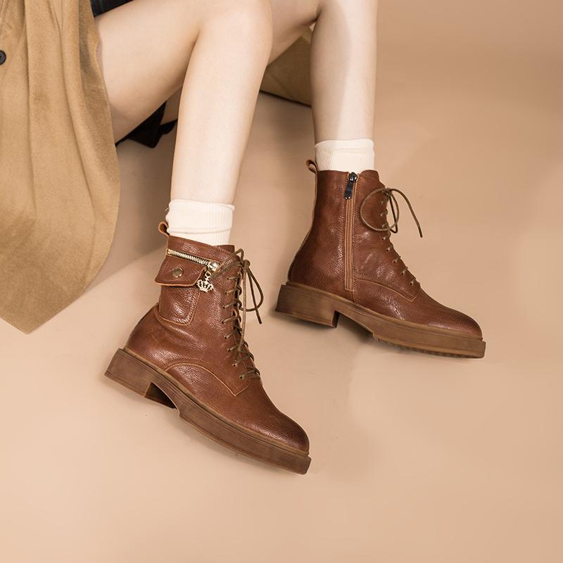 Fashion Full Grain Leather Combat Boots Designer Retro Chunky Riding Boots Side Zip Pocket Decoration Brown/Black