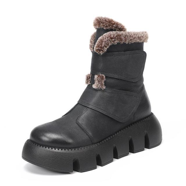 Winter Boots Plush Warm Genuine Leather Hook & Loop Round Toe 2021 New Handmade Ankle Platform Boots
