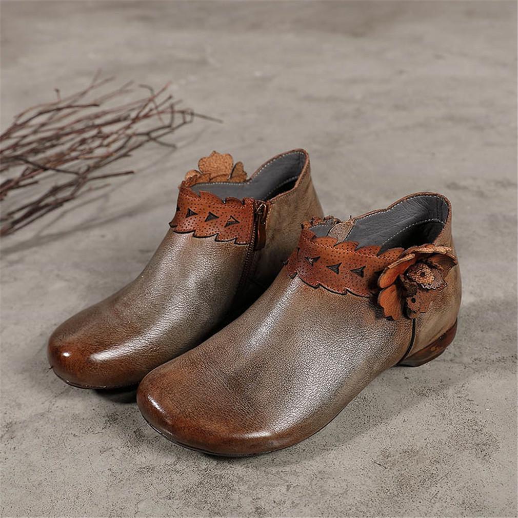 Retro Booties For Women Brush-Off Leather Handmade Flat Ankle Boots Taupe