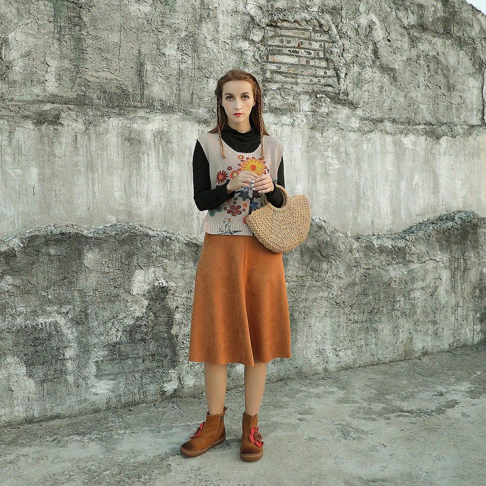Women'S Genuine Leather Chelsea Boots With Handmade Flowers Gray/Camel