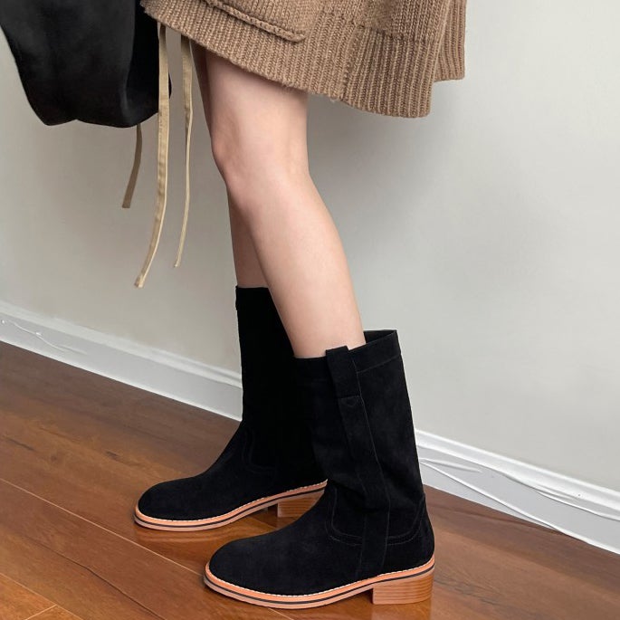 Womens Suede Leather Mid Calf Boots In Black/Khaki