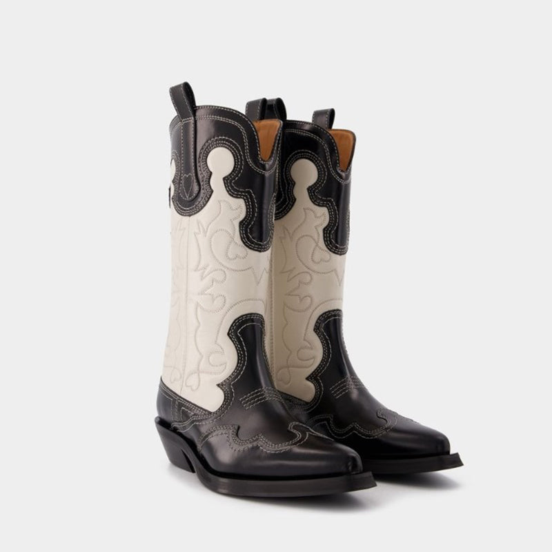 Womens Western Boots Mid Calf Embroidery Leather- Black/Brown/Red Roper Cowgirl Boots
