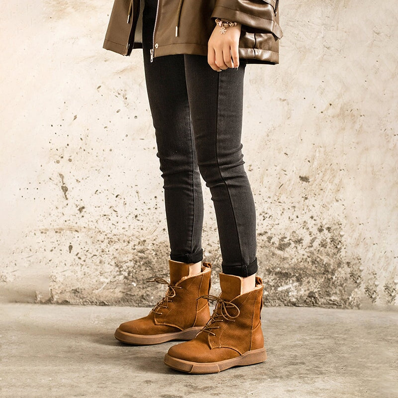 Waxing Leather Shearling Lined Short Boots for Winter Lace Up Snow Boots in Black/Coffee