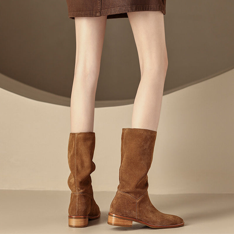 Womens Suede Leather Mid Calf Boots In Green/Black/Brown