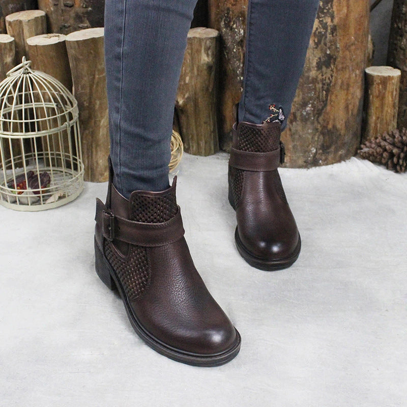Women'S Handmade Leather Ankle Boots Comfortable Walking Retro Boots With Buckles Brown