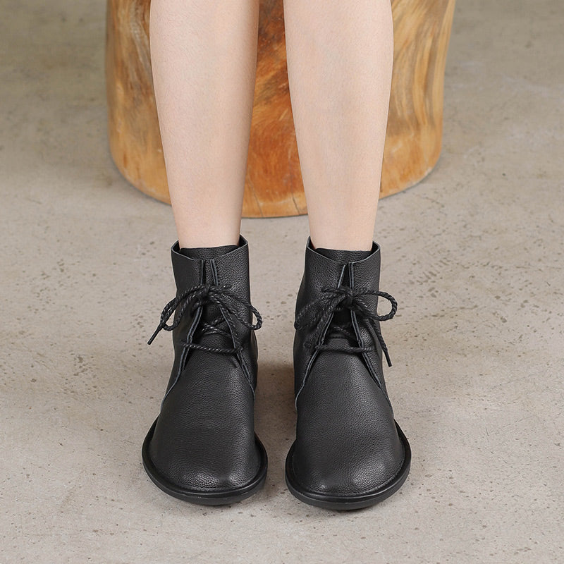 Handmade Women's Leather Booties Round Toe Lace-Up Flat Ankle Boots Brown/Black/Coffee