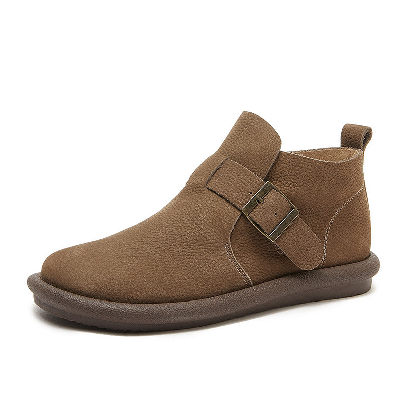 Women's Ankle Boots Leather Round Toe Retro Flat Shoes Casual Buckle Boots Khaki/Coffee