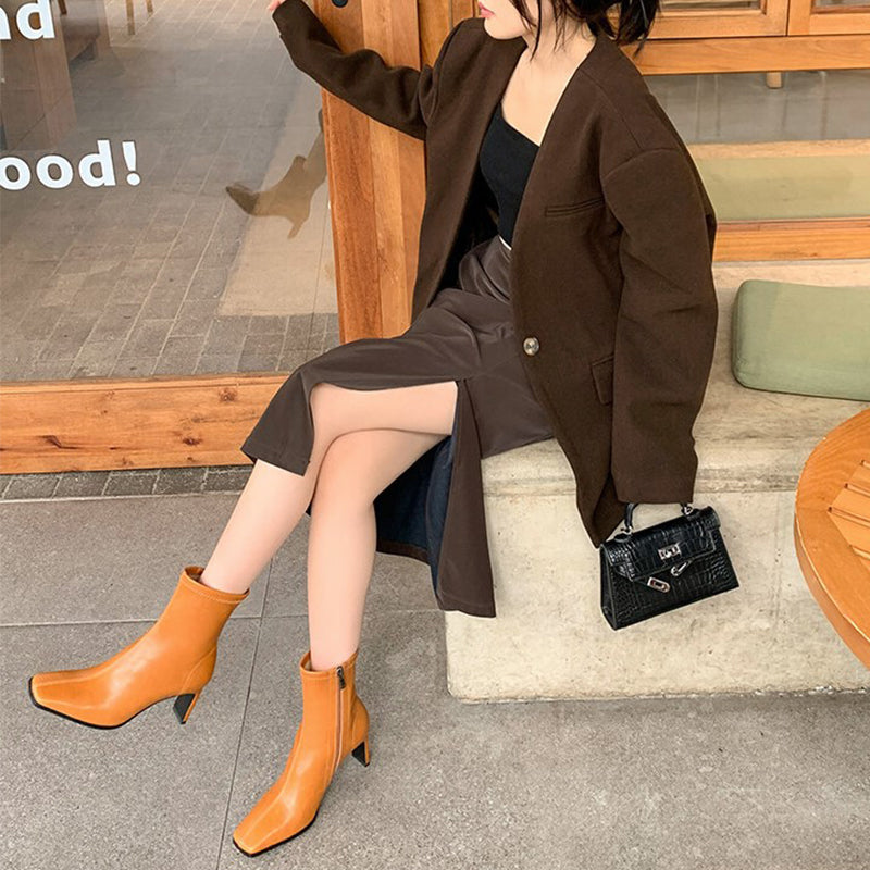 Classic Square Toe Sock Boots High Heel Stretch Boots Elastic Leather Handmade Black/Brown/Green
