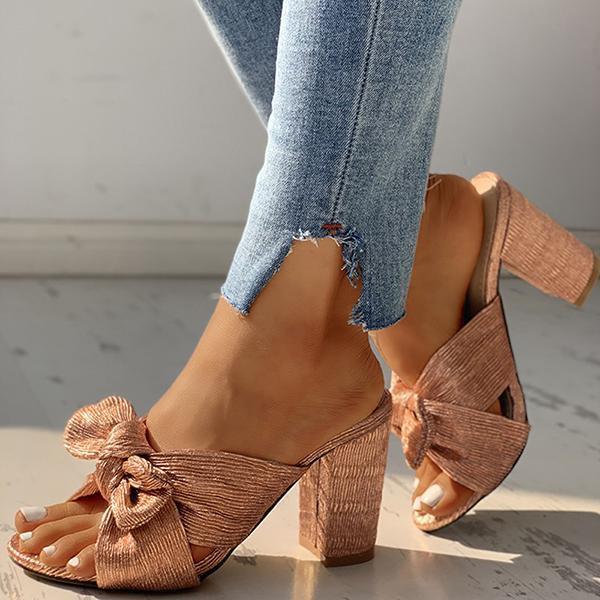 Peep Toe Bowknot Design Chunky Heeled Slippers