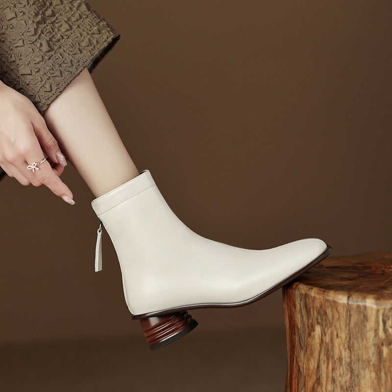 Classic Elegant Chelsea Boots Mid Heel Back Zipper Stretch Boots Square Toe Sock Boots White/Khaki
