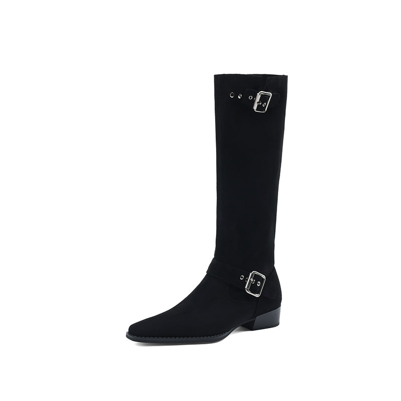 Womens Suede Leather Knee High Boots with Buckles In Black/Brown