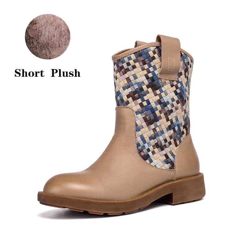 Woven Leather Boots Mid Calf Color Blocking Design Cowgirl Boots In Green/Apricot/Red/Black