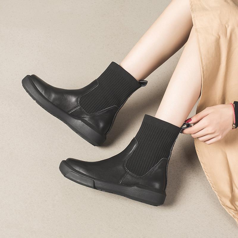 Waxing Leather Chelsea Boots Handmade British Sock Boots Black/Black Short Plush