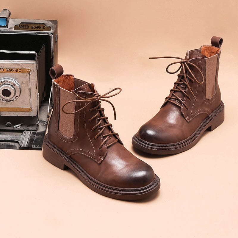 Handmade Boots Women Leather Lace-Up Oxfords Round Toe Chunky Ankle Booties