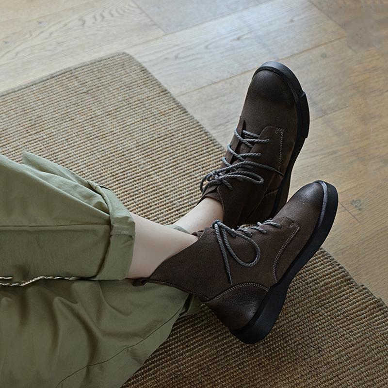 Handmade Genuine Leather Biker Boots Lace-Up Combat Boots Retro Chunky Ankle Boots 2020 Winter Boots Khaki/Dark Grey