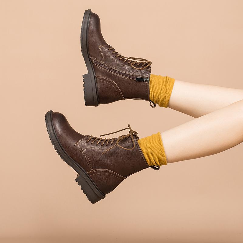 Retro Leather Combat Boots Designer Retro Chunky Riding Boots Side Zip Handmade Dark Yellow/Coffee/Black