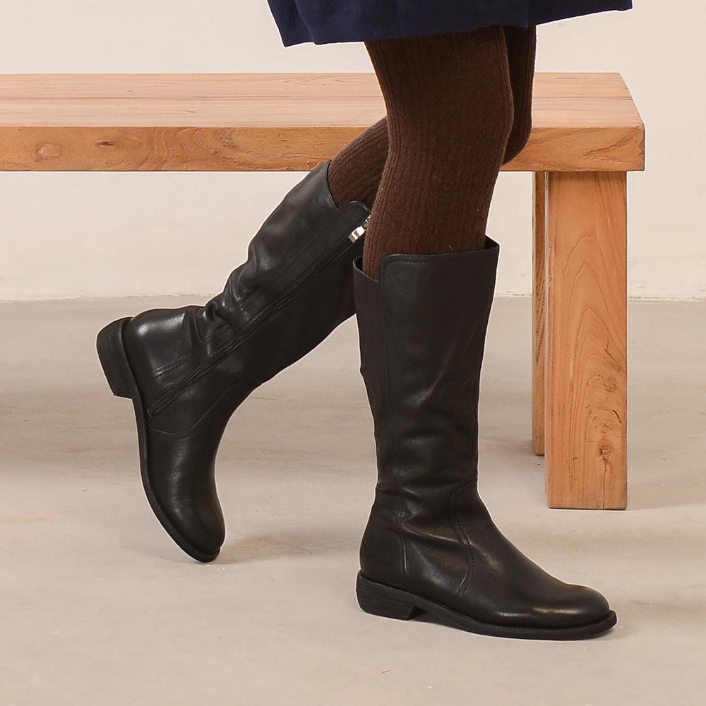 Wide Fit Handmade Soft Leather Knee High Boots Side Zip Riding Boots Black Short Plush