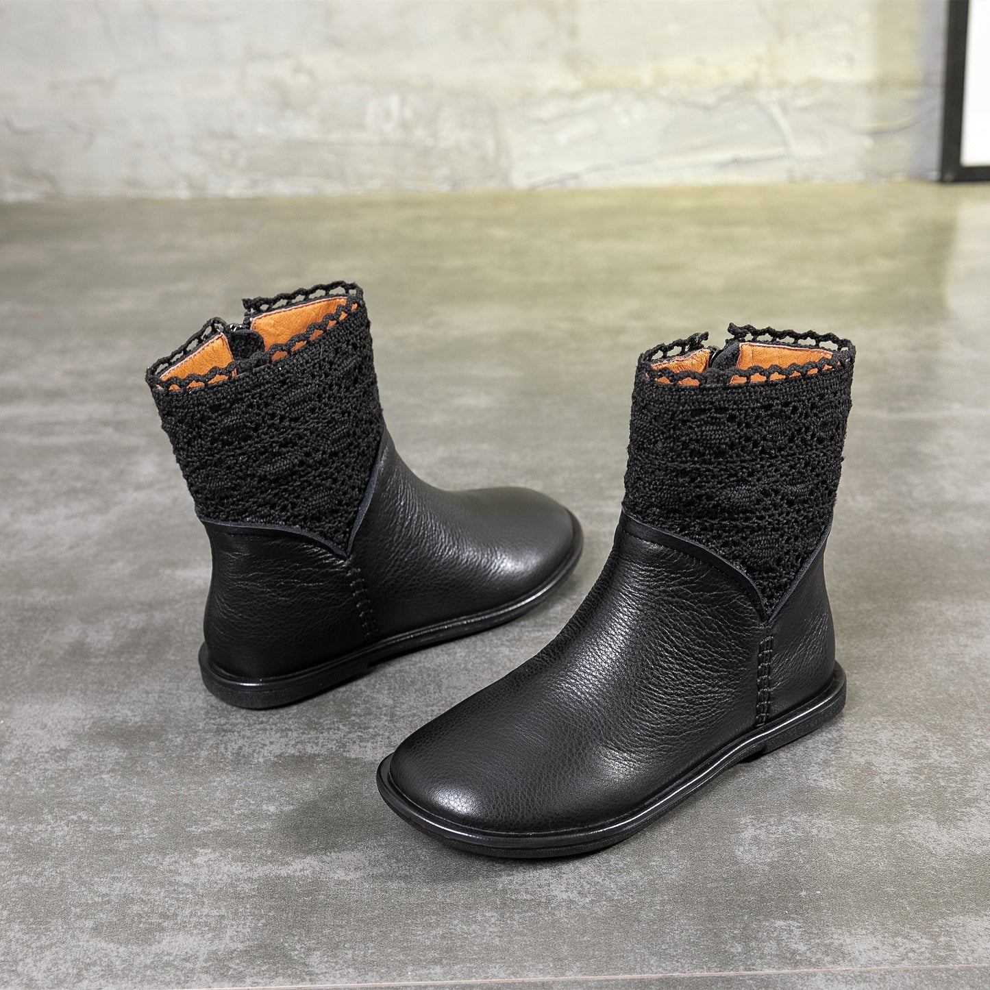 Handmade Women's Leather Boots Retro Fashionable Knit Spliced Flat Boots Black/Coffee