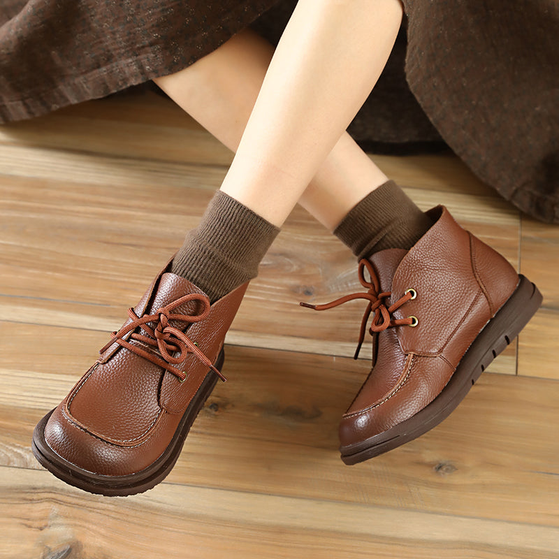 Soft Leather Ankle Boots Retro Round Toe Short Boots Women Mori Girl Boots Handmade