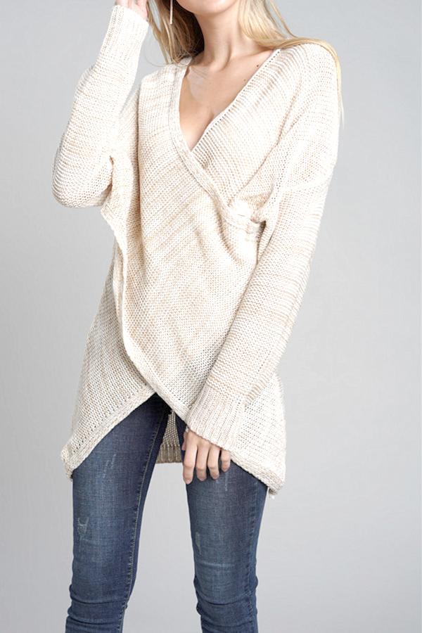Casual V Neck Front Cross Weekend Sweater - Red