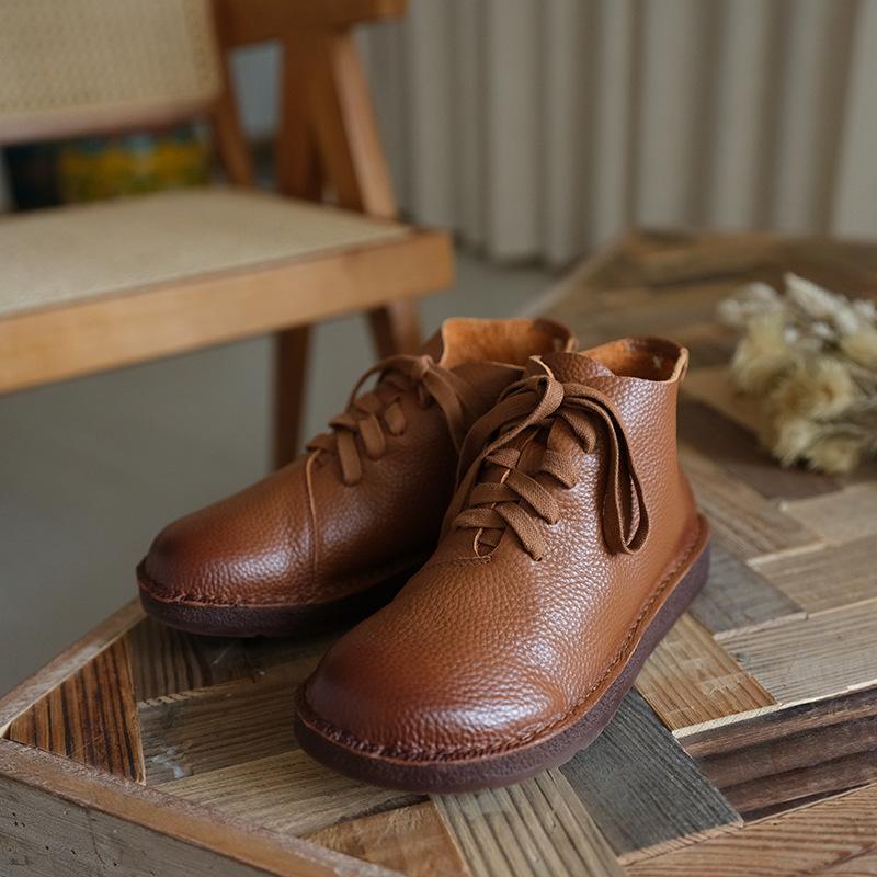 Handmade Genuine Leather Boots Lace-Up Combat Boots Retro Chunky Ankle Boots Coffee/Brown/Off White