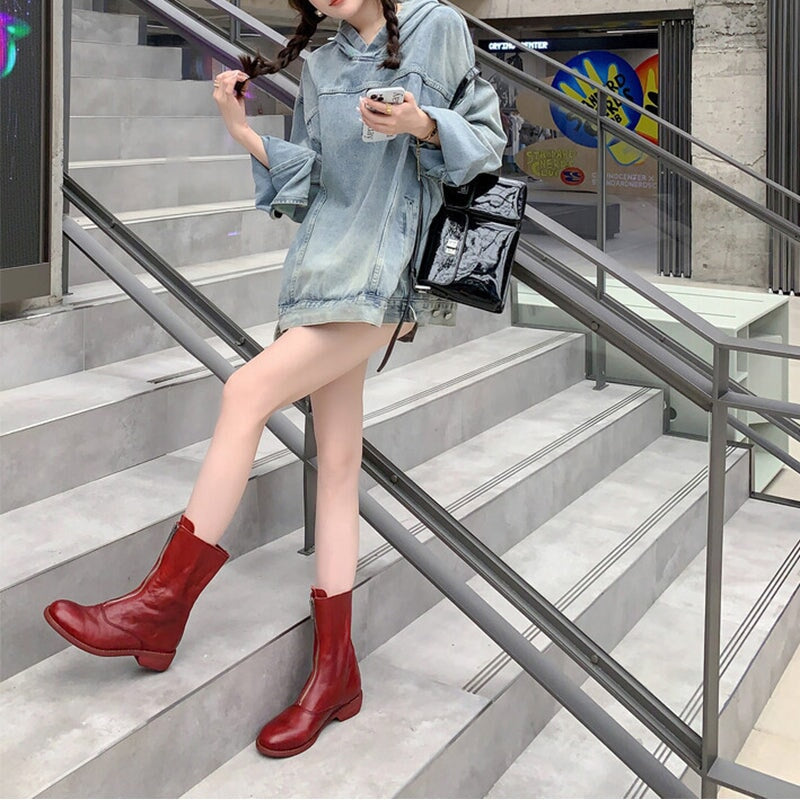 Handmade Leather Ankle Boots Comfortable Walking Round Boots Brown/Black/Red/Beige/Grey