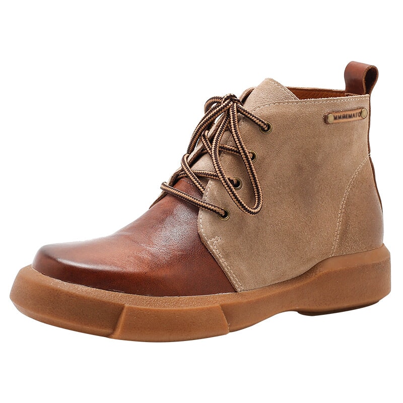 Womens Boots Lace Up Vegetable Tanned Leather Ankle Boots in Coffee/Coffee Short Plush