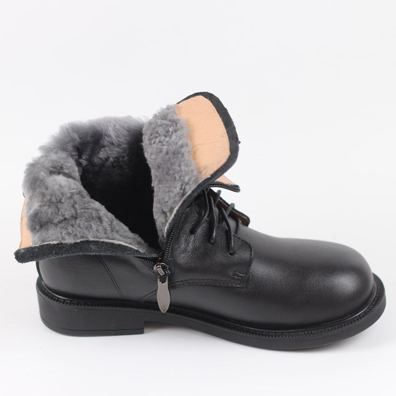 Women Leather Ankle Boots Soft Bottom Flat Round Toe Big-Head Retro Boots Coffee/Black