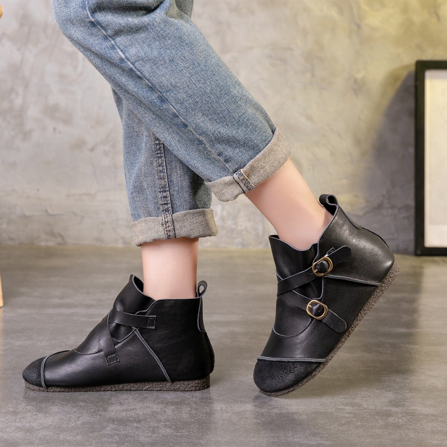 Handmade Women'S Leather Flat Ankle Boots Stitching With Black/Coffee Booties