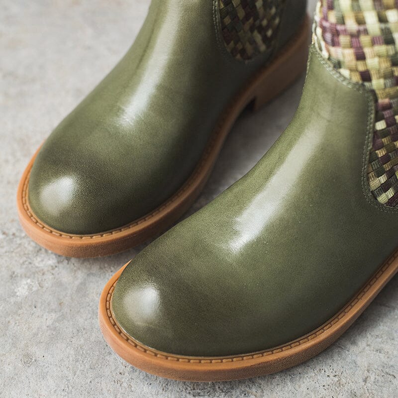 Woven Leather Boots Mid Calf Color Blocking Design Cowgirl Boots In Green/Apricot/Red/Black