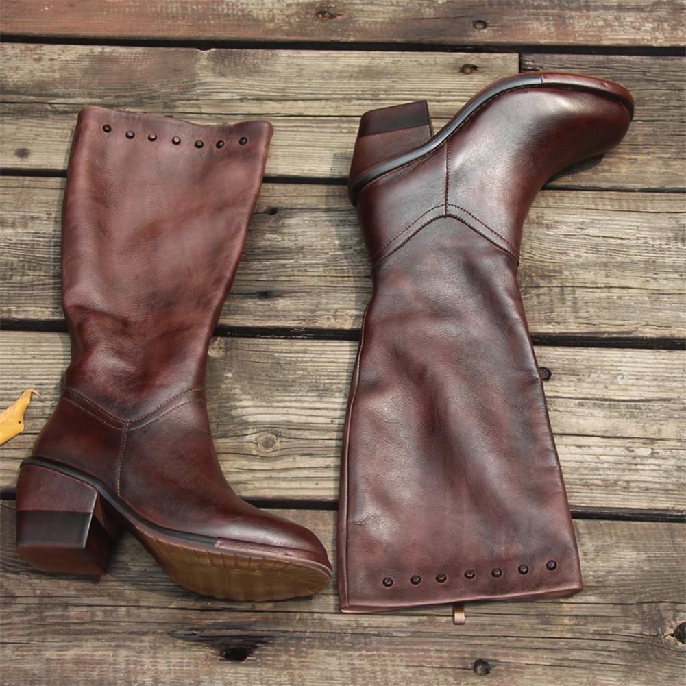 Handmade Leather Knee High Boots Block Heel Biker Boots Retro Rivet