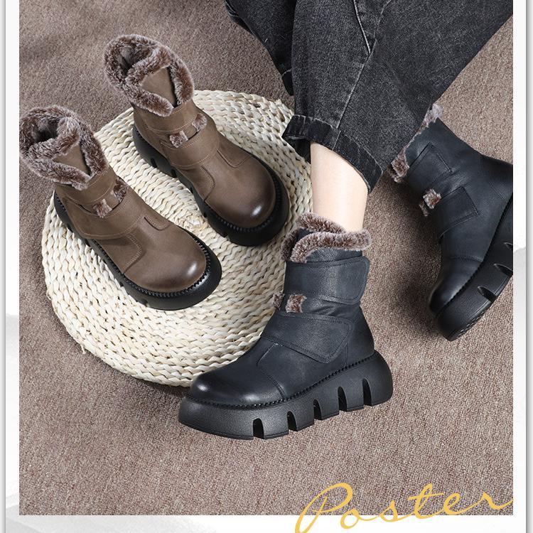 Winter Boots Plush Warm Genuine Leather Hook & Loop Round Toe 2021 New Handmade Ankle Platform Boots
