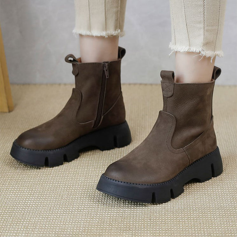 Retro Cowhide Chunky Boots Women Comfy Zip Walking Boots Gray/Apricot