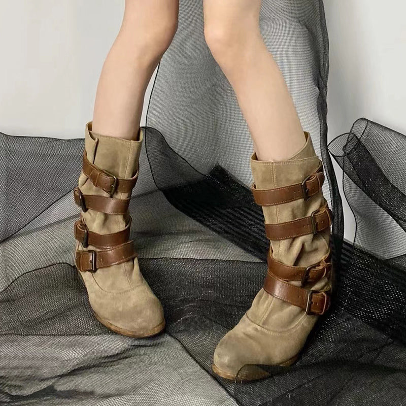 Riding Boots For Women Handmade Leather Mid Calf Boots Chunky Buckle Boots in Brown/Black