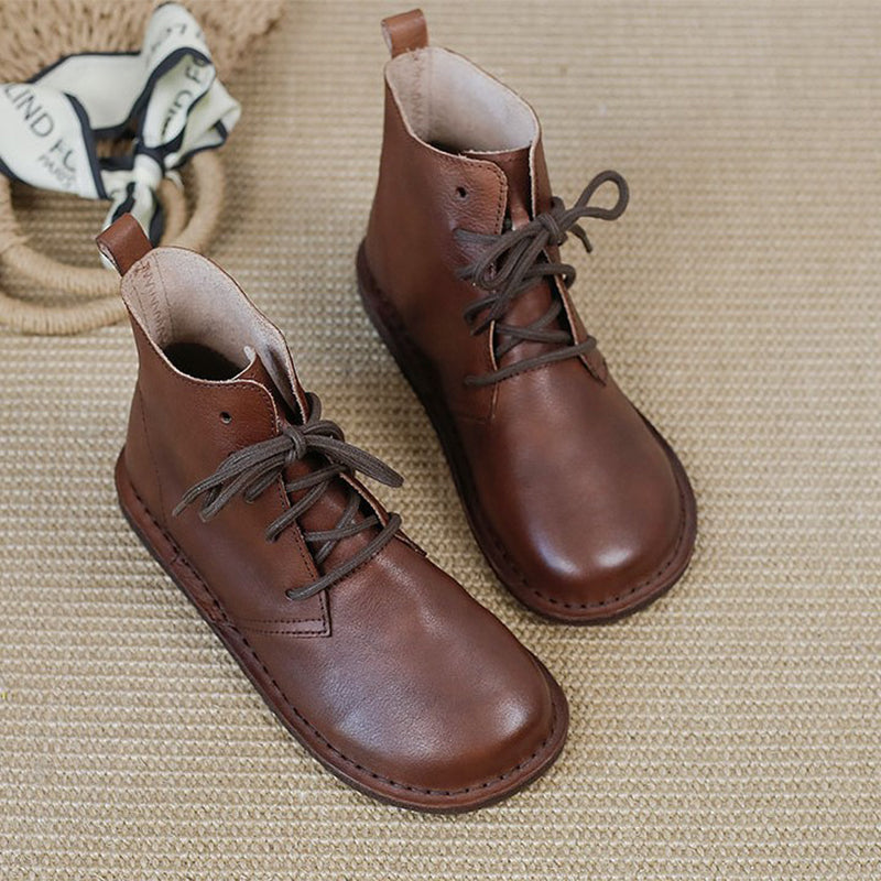 Women's Leather Booties Round Toe Lace-Up Flat Ankle Boots Handmade in Brown/Coffee