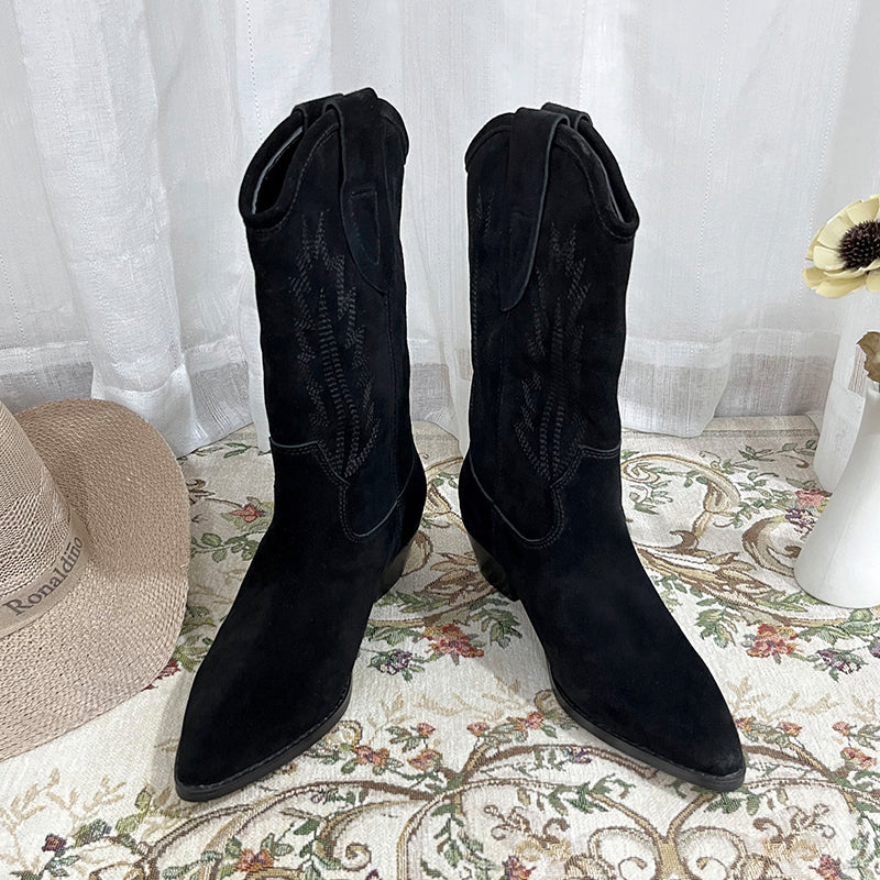 Womens Western Embroidered Short Boots Block Heel - Suede Black/Black Cowgirl Boots All Genuine Leather