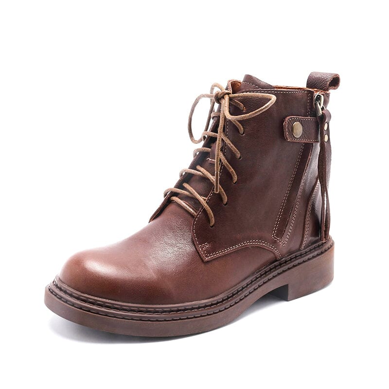 Chunky Side Zip Boots Belted Leather Boots Soft Walking Short Boots Black/Coffee