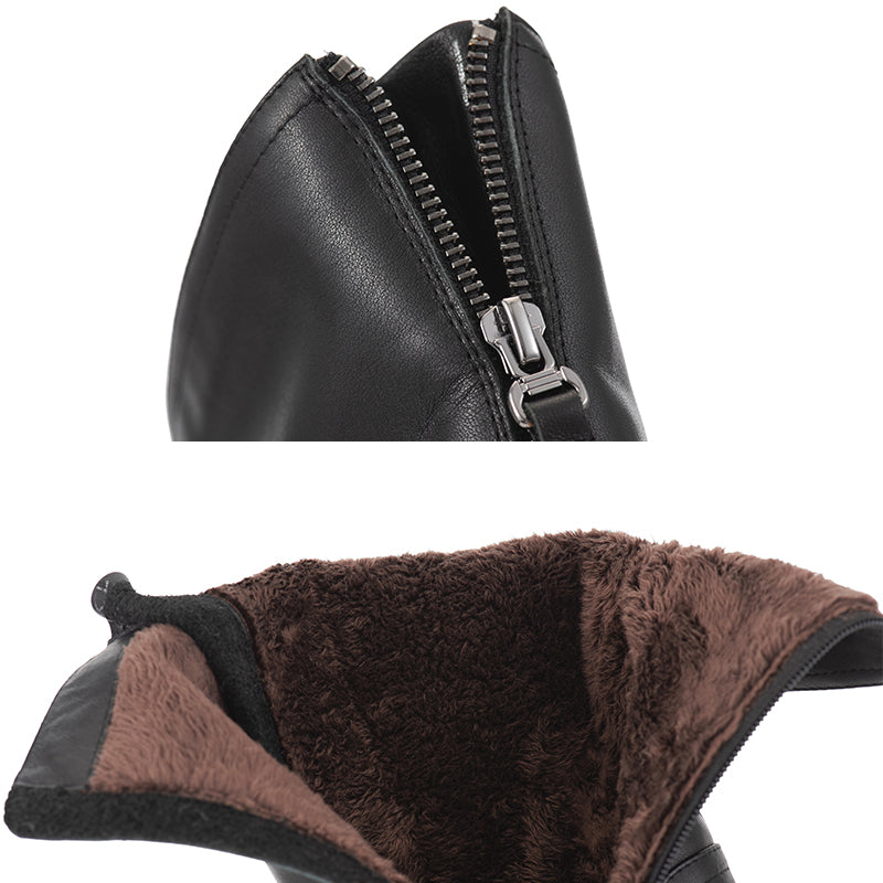 Retro Leather Mid Calf Boots for Cold Winter Classic Boots Black Handmade Short Plush Lining