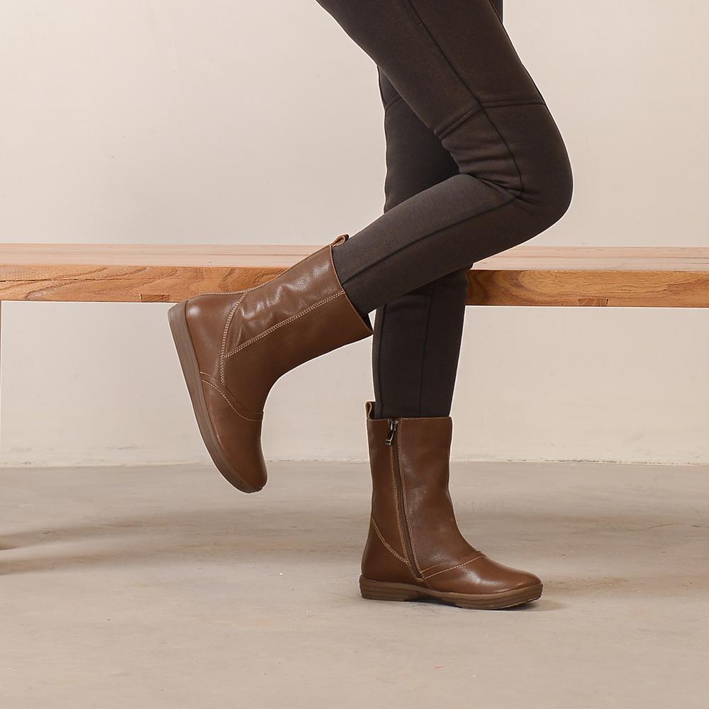 Wide Fit Handmade Leather Side Zip Calf Length Boots For Winter Designer Shoes Exquisite Suture Black/Khaki
