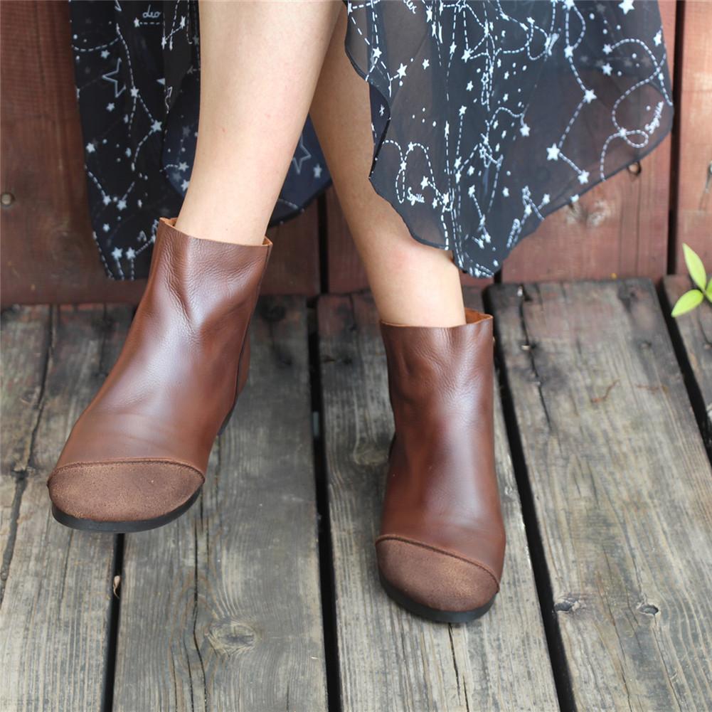 Women Handmade Soft Leather Flats Loafers Boots Color Blocking Ankle Boots Original Design Coffee/Black