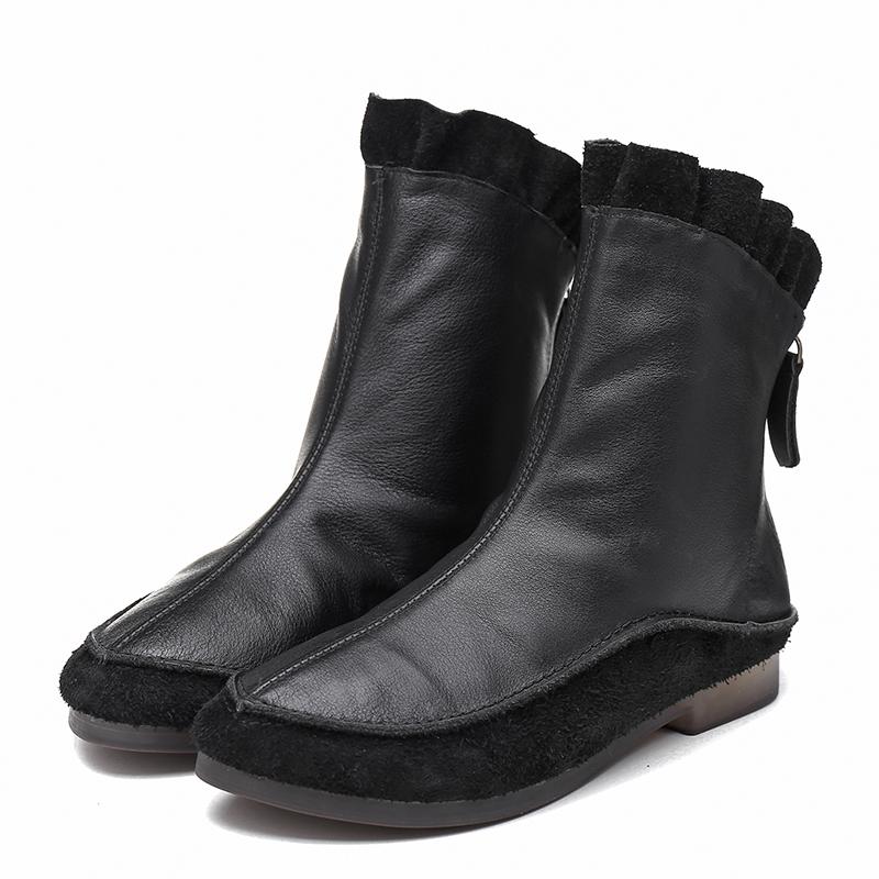 Handmade Leather Chelsea Boots For Women Soft Short Boots Retro Round Toe For Fall And Winter Coffee/Black