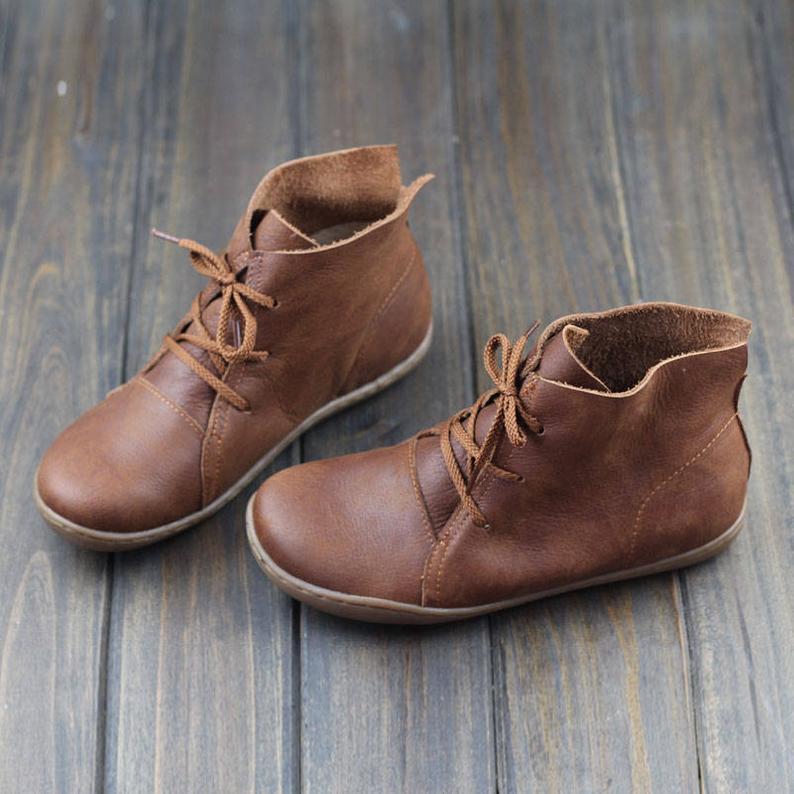 Leather Women Ankle Booties Lace-Up Casual Shoes Flats