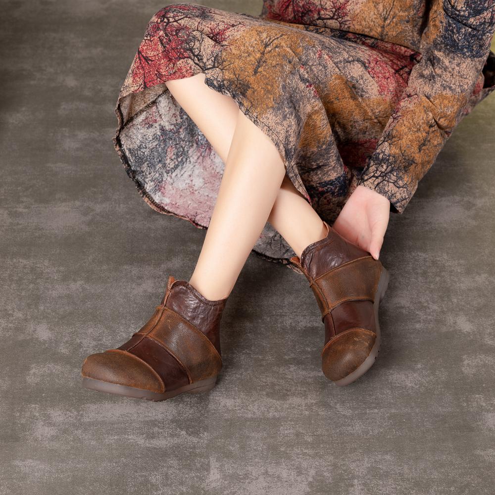 Retro Leather Ankle Boots With Zipper Splicing Craft Handmade Women Flat Shoes Black/Coffee