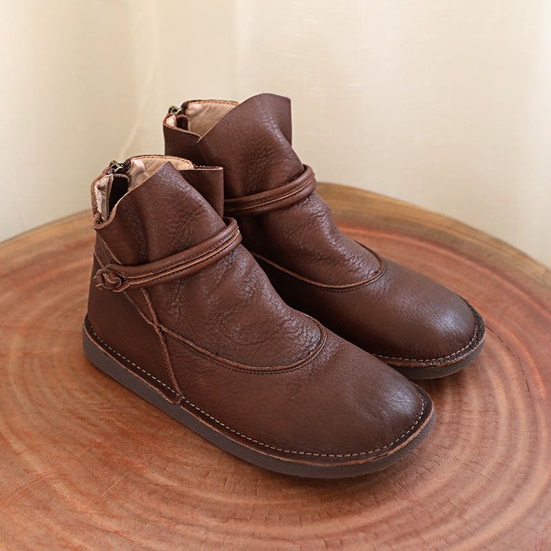 Retro Genuine Leather Soft Flat Boots For Women Round Toe Mori Girl Style Brown/Coffee