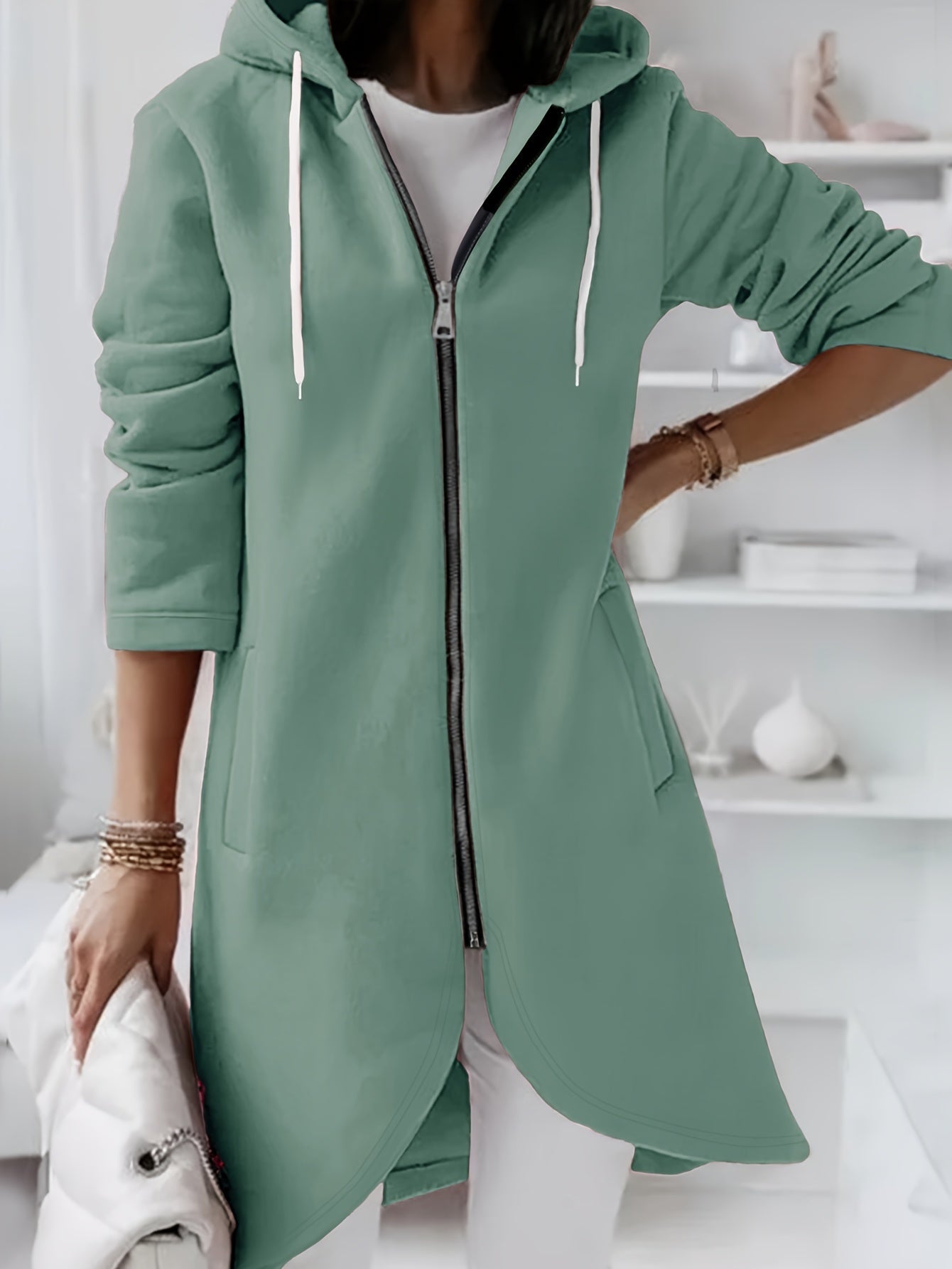 Solid Zipper Drawstring Midi Hooded Jacket